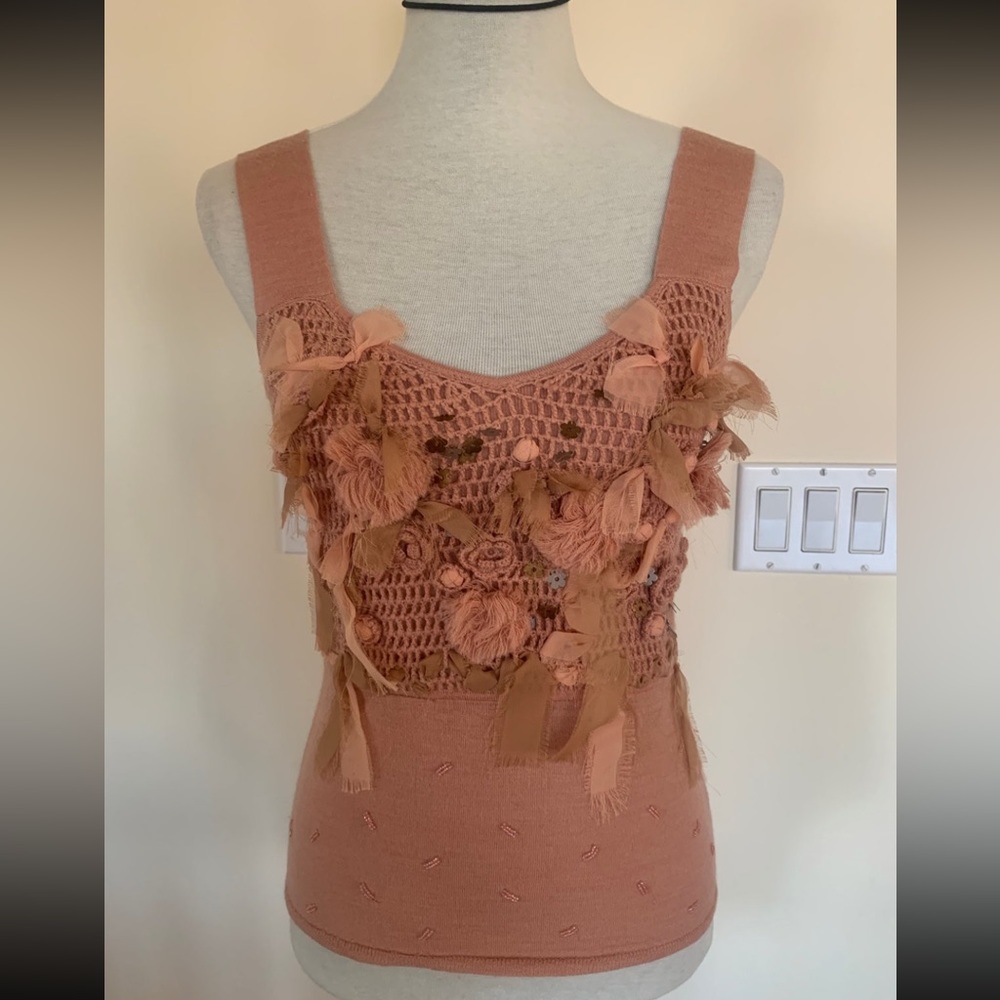 JESSICA Womens Nude Tan Beaded Flowers Tassels Crochet Knit Tank Top Blouse Sz S